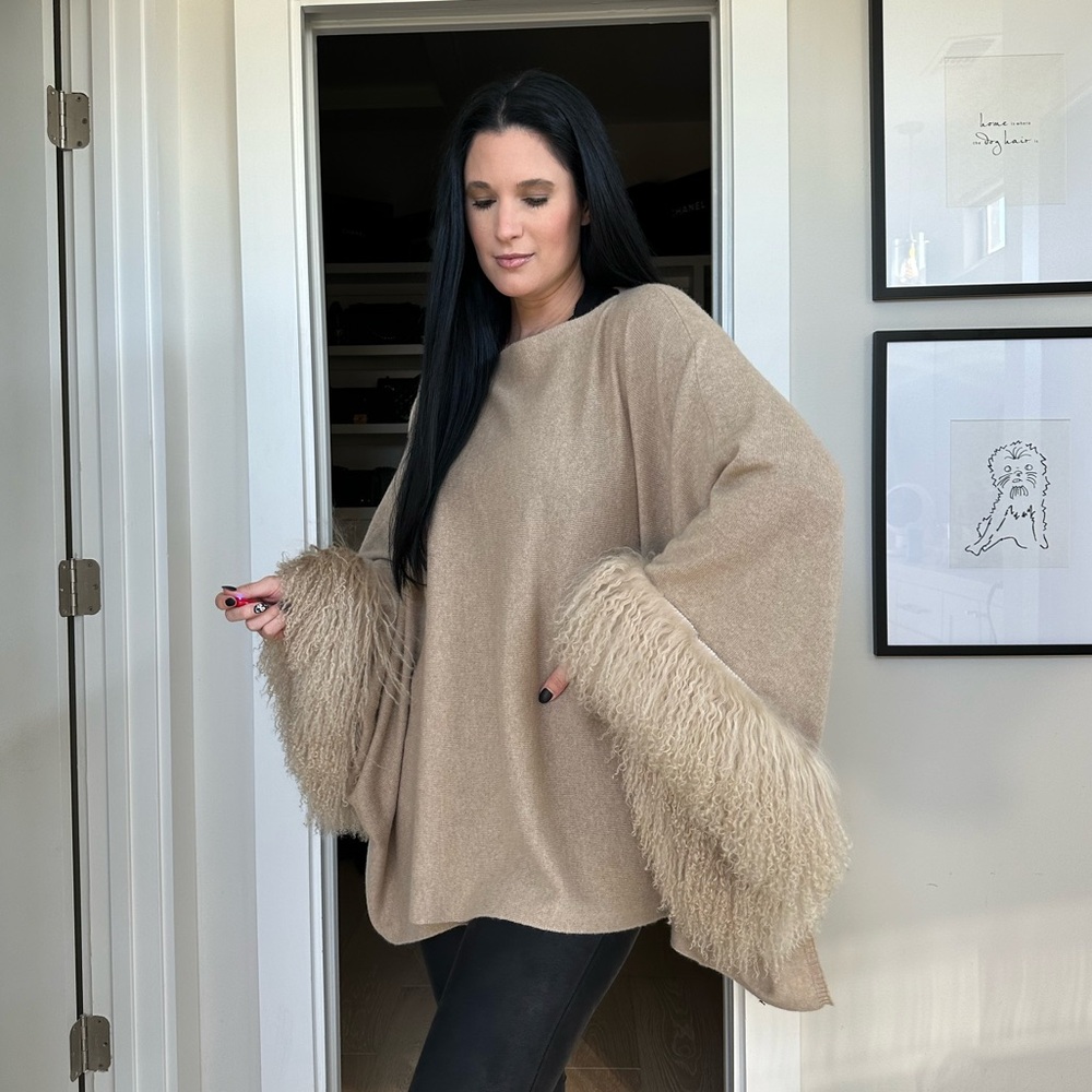 Aspen True Cashmere w/ Tibetan Sheep Fur Trim Poncho